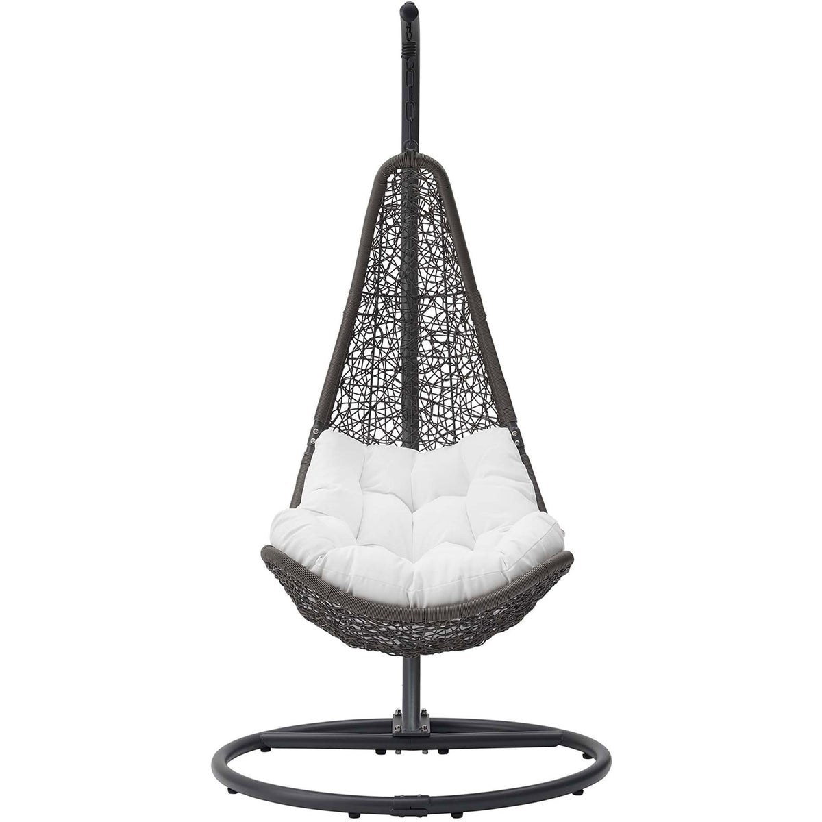 Gray wicker swing chair with plush white cushion and curved steel stand on round base. || EEI-2276-GRY-WHI-SET || front_studio
