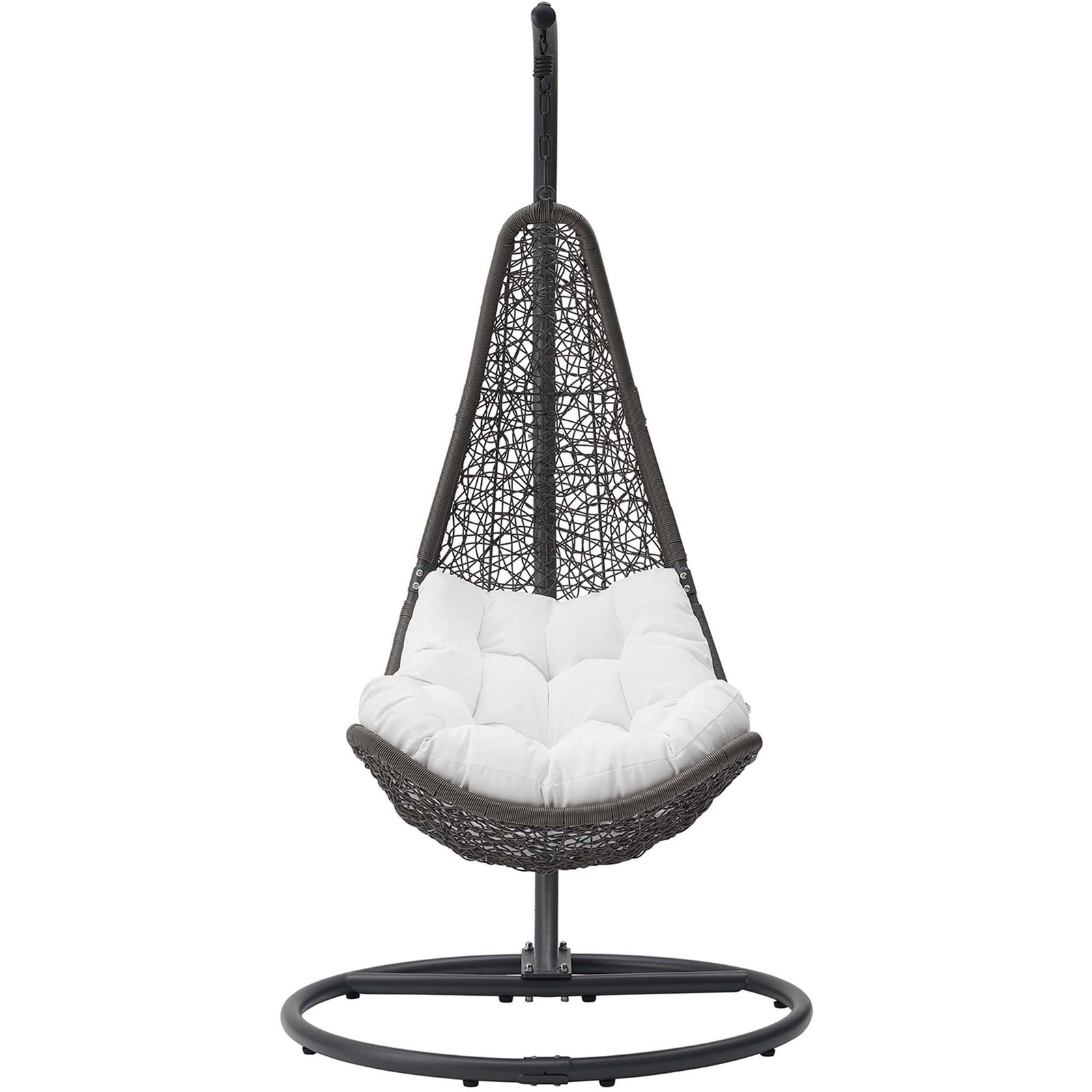 Gray wicker swing chair with plush white cushion and curved steel stand on round base. || EEI-2276-GRY-WHI-SET || front_studio