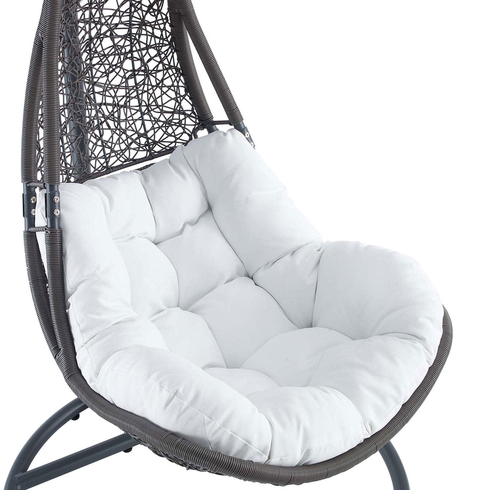 Plush tufted white seat cushion nestled inside the curved gray wicker swing chair shell. || EEI-2276-GRY-WHI-SET || detail_studio