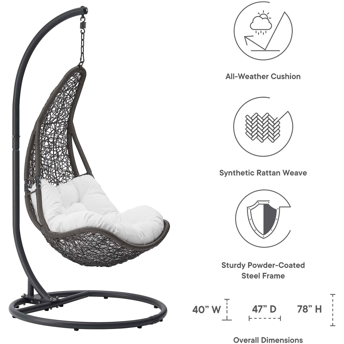 Feature icons and overall dimensions for the gray wicker swing chair with white cushion. || EEI-2276-GRY-WHI-SET || dimension_studio