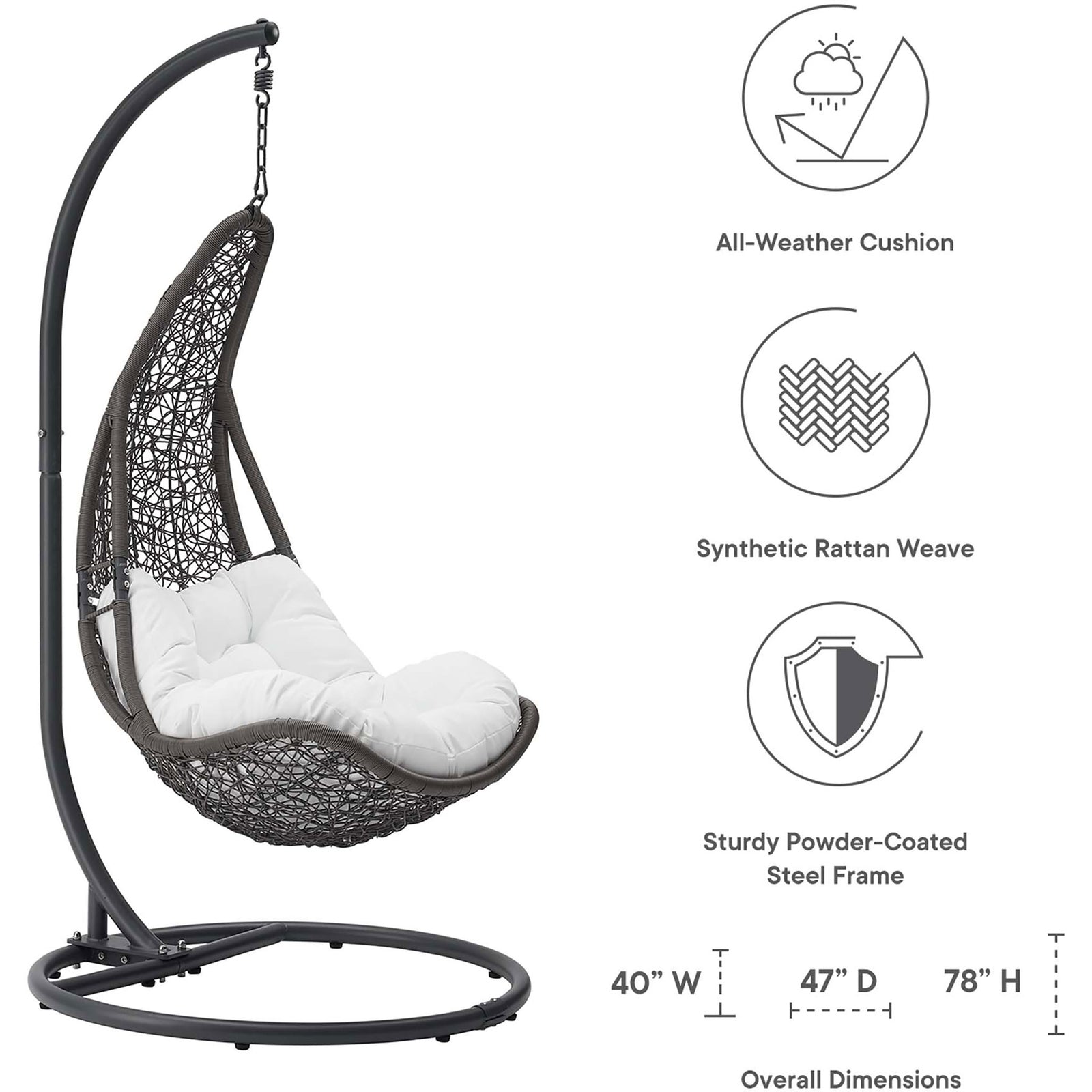 Feature icons and overall dimensions for the gray wicker swing chair with white cushion. || EEI-2276-GRY-WHI-SET || dimension_studio