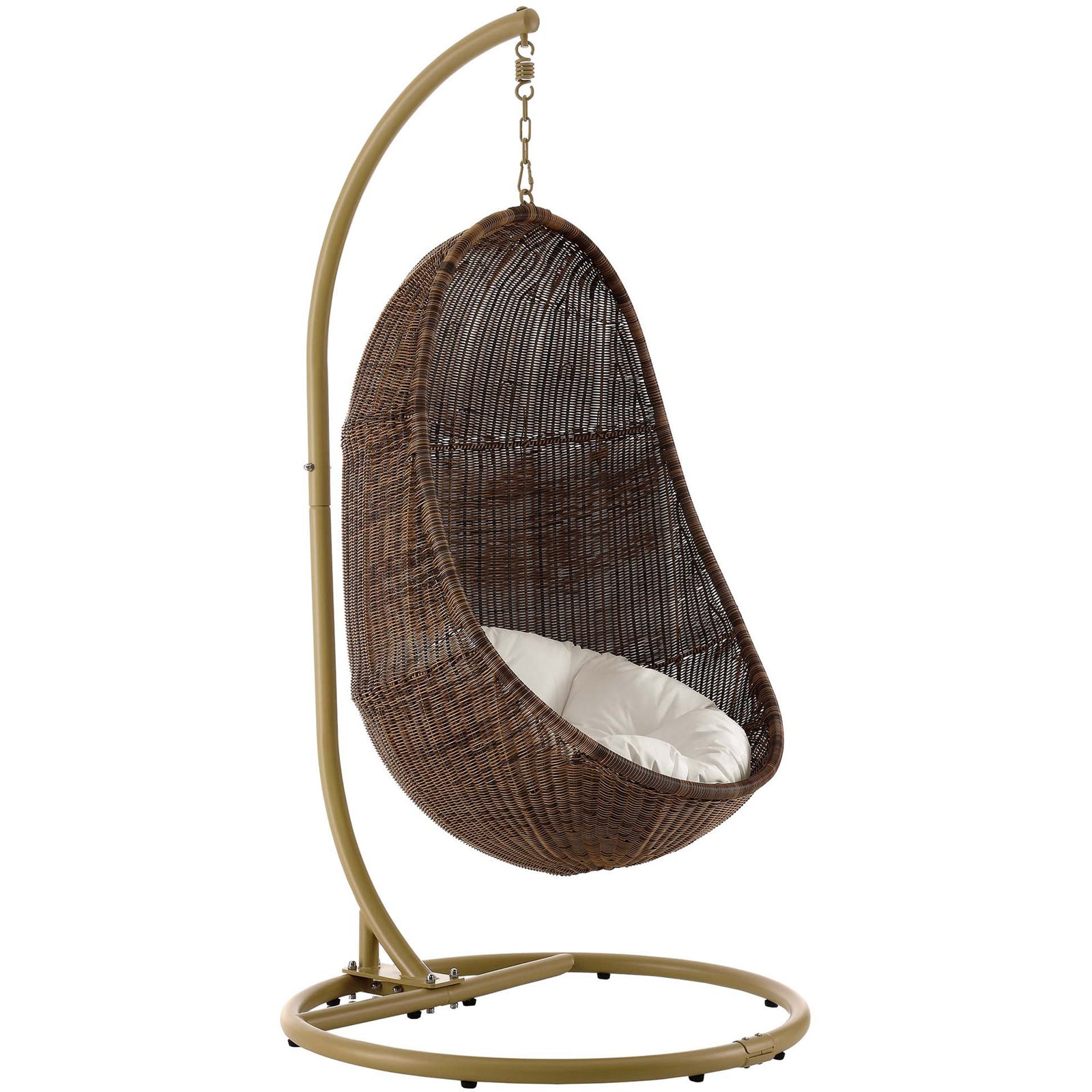 Curved wicker swing chair with plush white cushion and round steel base brings resort-style comfort outdoors || EEI-2277-YLW-WHI-SET || front_angle_studio