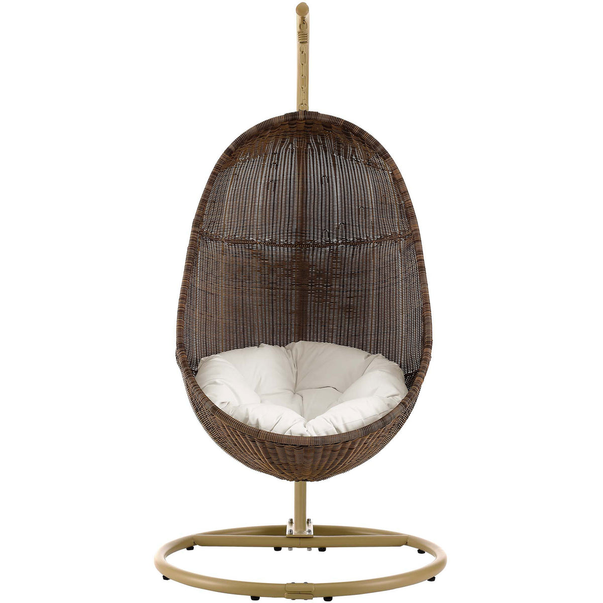 Cozy egg-shaped wicker swing chair with white tufted cushion and sturdy steel stand for relaxed lounging || EEI-2277-YLW-WHI-SET || front_studio