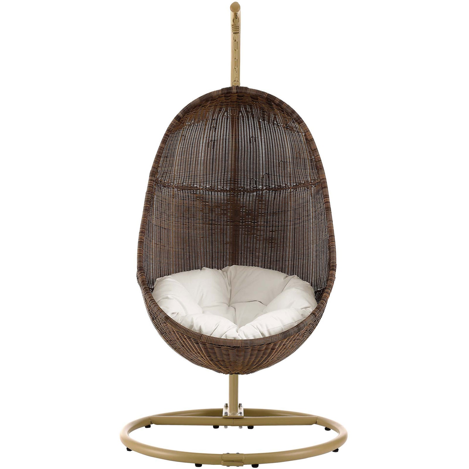 Cozy egg-shaped wicker swing chair with white tufted cushion and sturdy steel stand for relaxed lounging || EEI-2277-YLW-WHI-SET || front_studio
