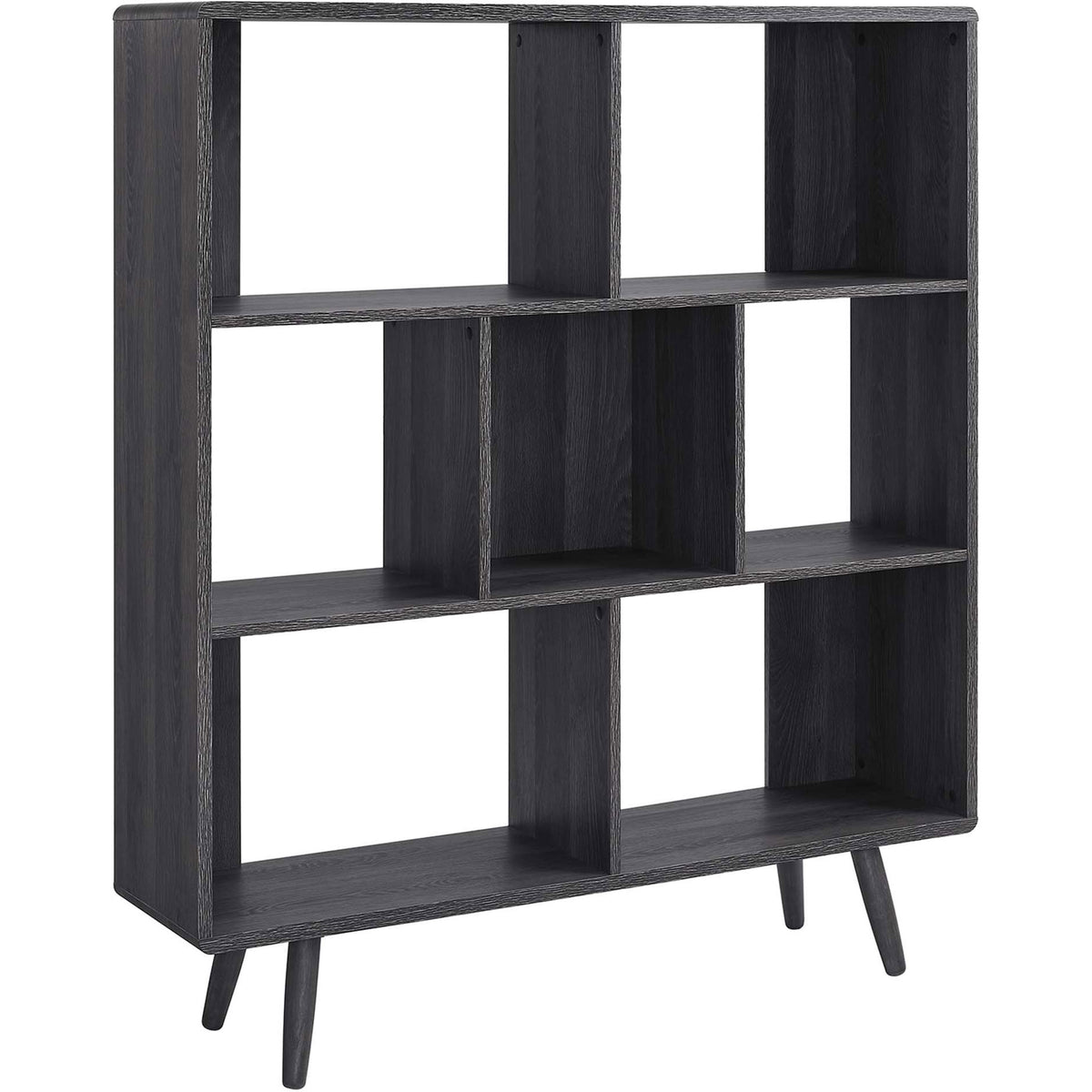 Charcoal wood grain bookcase with seven open cubbies and splayed dowel legs || EEI-2529-CHA || front_angle_studio