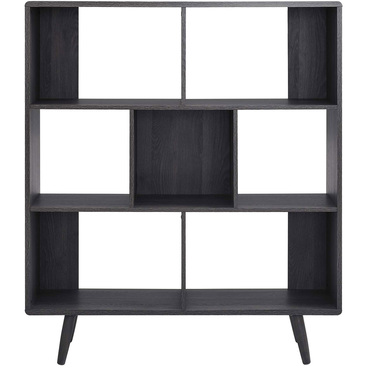 Asymmetrical seven-shelf layout showcases books and decor with modern flair || EEI-2529-CHA || front_studio