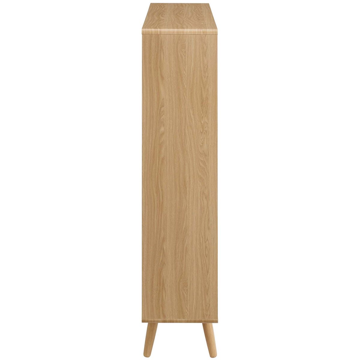 Slim profile showcases the bookcase's clean lines, oak wood grain finish, and mid-century splayed legs || EEI-2529-OAK || side_studio