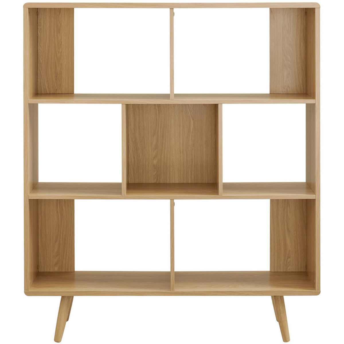 Spacious seven-cubby bookcase in oak wood grain, perfect for books, decor, and collectibles || EEI-2529-OAK || front_studio