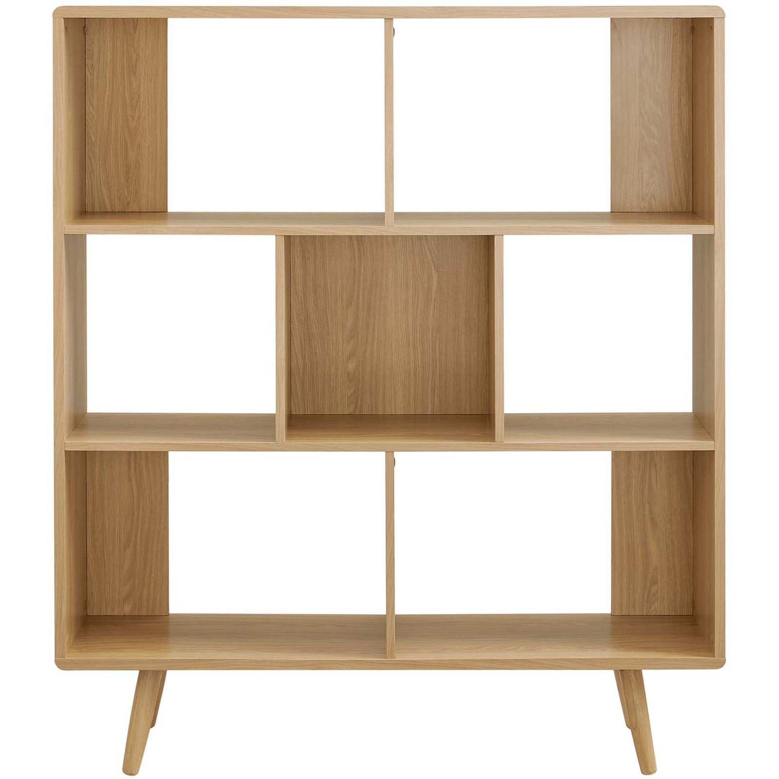 Spacious seven-cubby bookcase in oak wood grain, perfect for books, decor, and collectibles || EEI-2529-OAK || front_studio