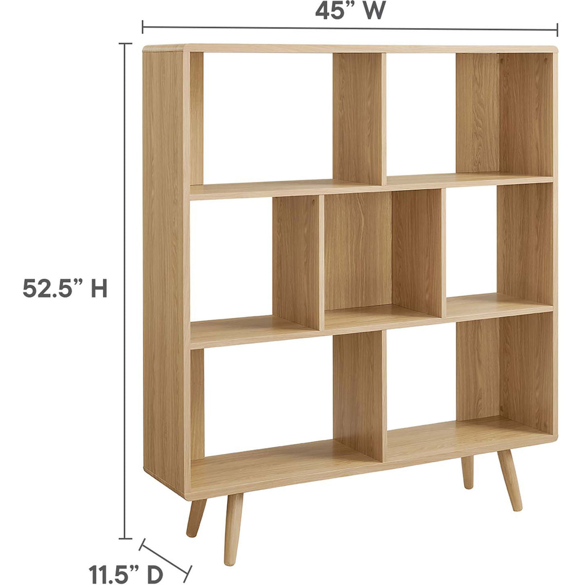 Measures 45 in. W x 11.5 in. D x 52.5 in. H to fit living rooms, offices, or entryways || EEI-2529-OAK || dimension_studio