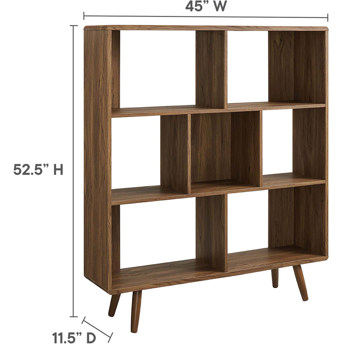 At 45 inches wide, 52.5 inches tall, and 11.5 inches deep, this bookcase offers seven display spaces.