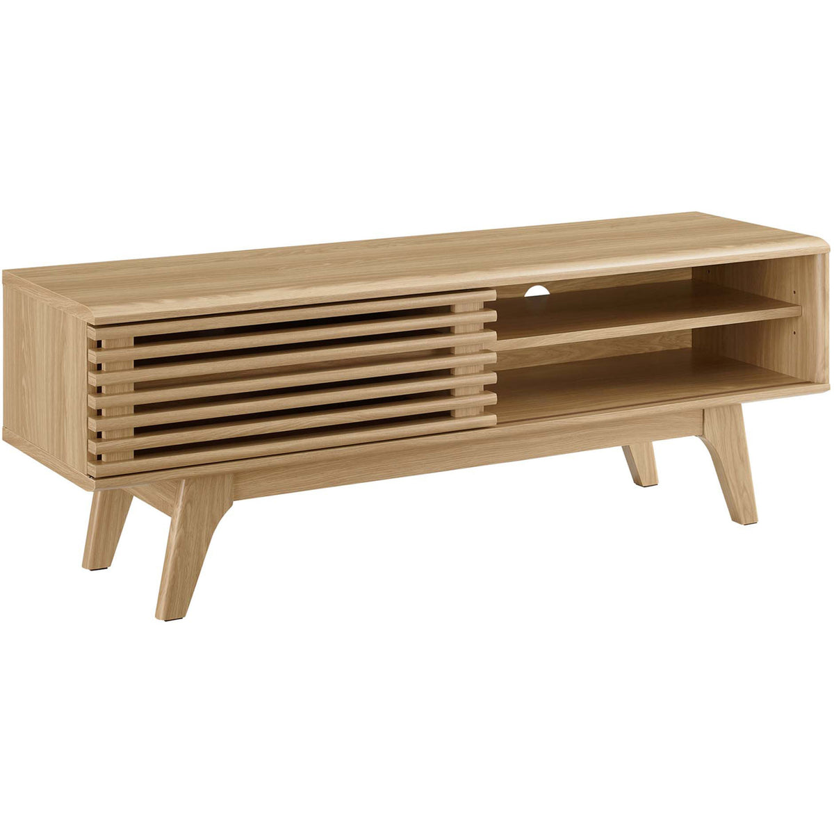 Render oak TV console showcasing smooth wood grain finish, low profile, and splayed mid-century legs || EEI-2539-OAK || front_angle_studio
