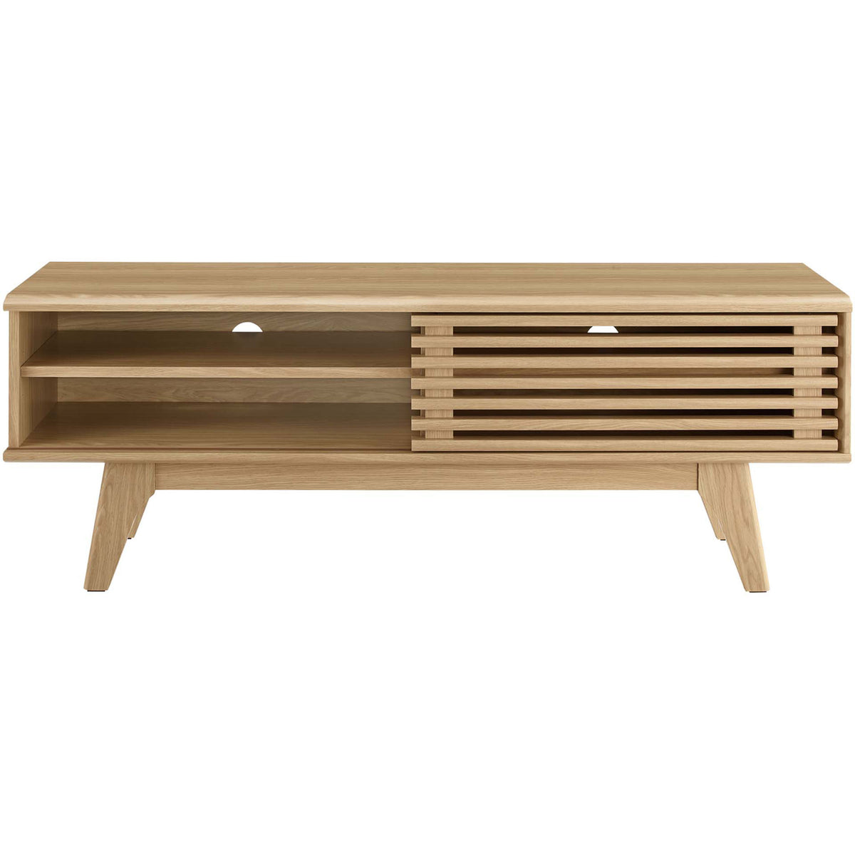 Mid-century oak TV stand with slatted sliding door, open shelving, and angled tapered legs || EEI-2539-OAK || front_studio