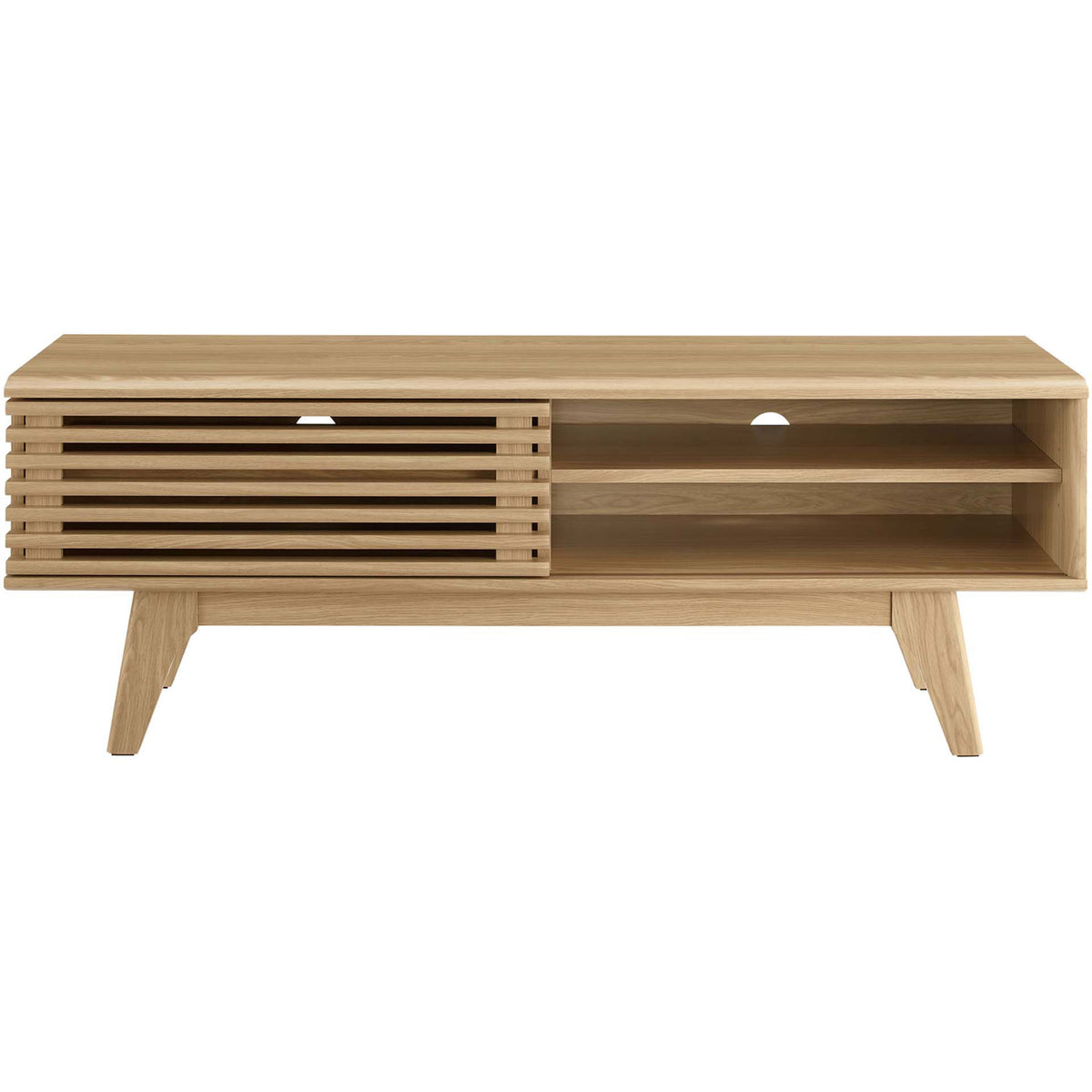 Oak TV stand with slatted door gliding to reveal media storage shelves and dual cable management openings || EEI-2539-OAK || front_studio