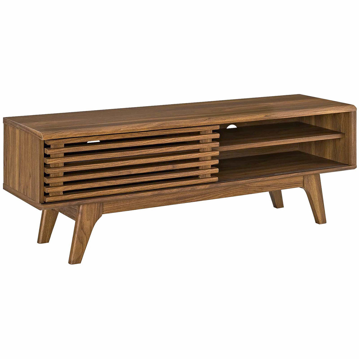 Walnut TV console showing smooth wood grain finish and generous open storage for components