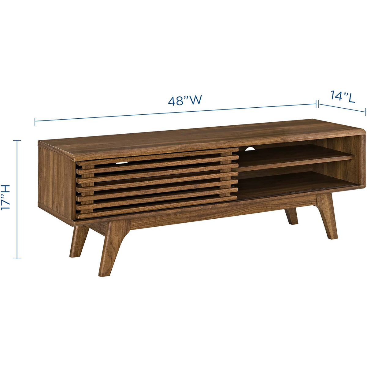 Walnut TV stand with dimension callouts highlighting its compact 48 inch width and 17 inch height || EEI-2539-WAL || dimension_studio