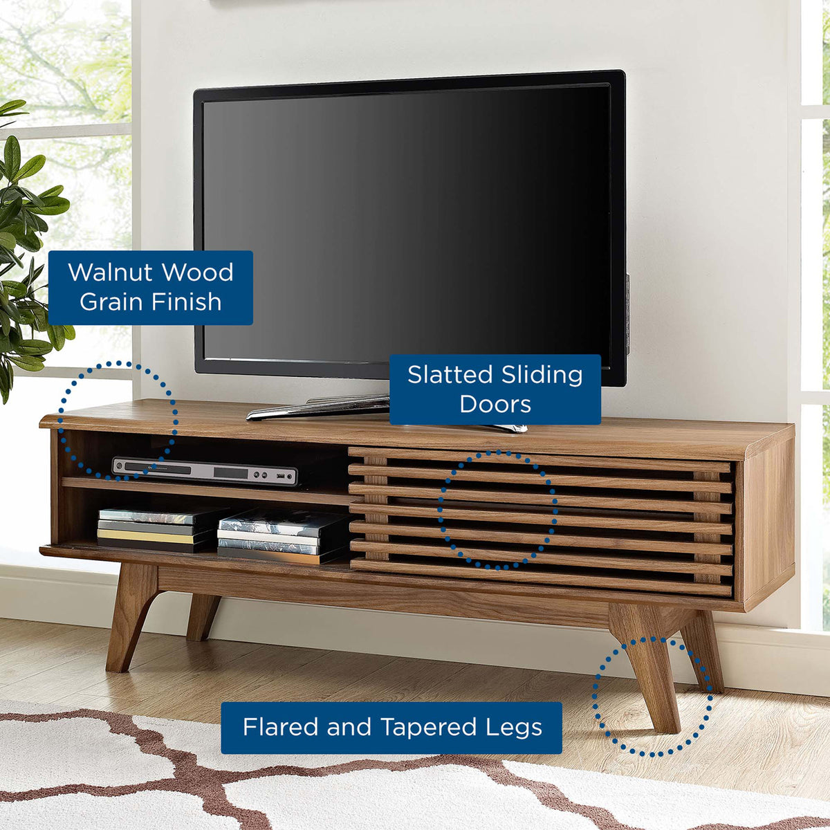 Living room view of walnut TV stand with callouts for wood grain finish, slatted doors, and flared legs