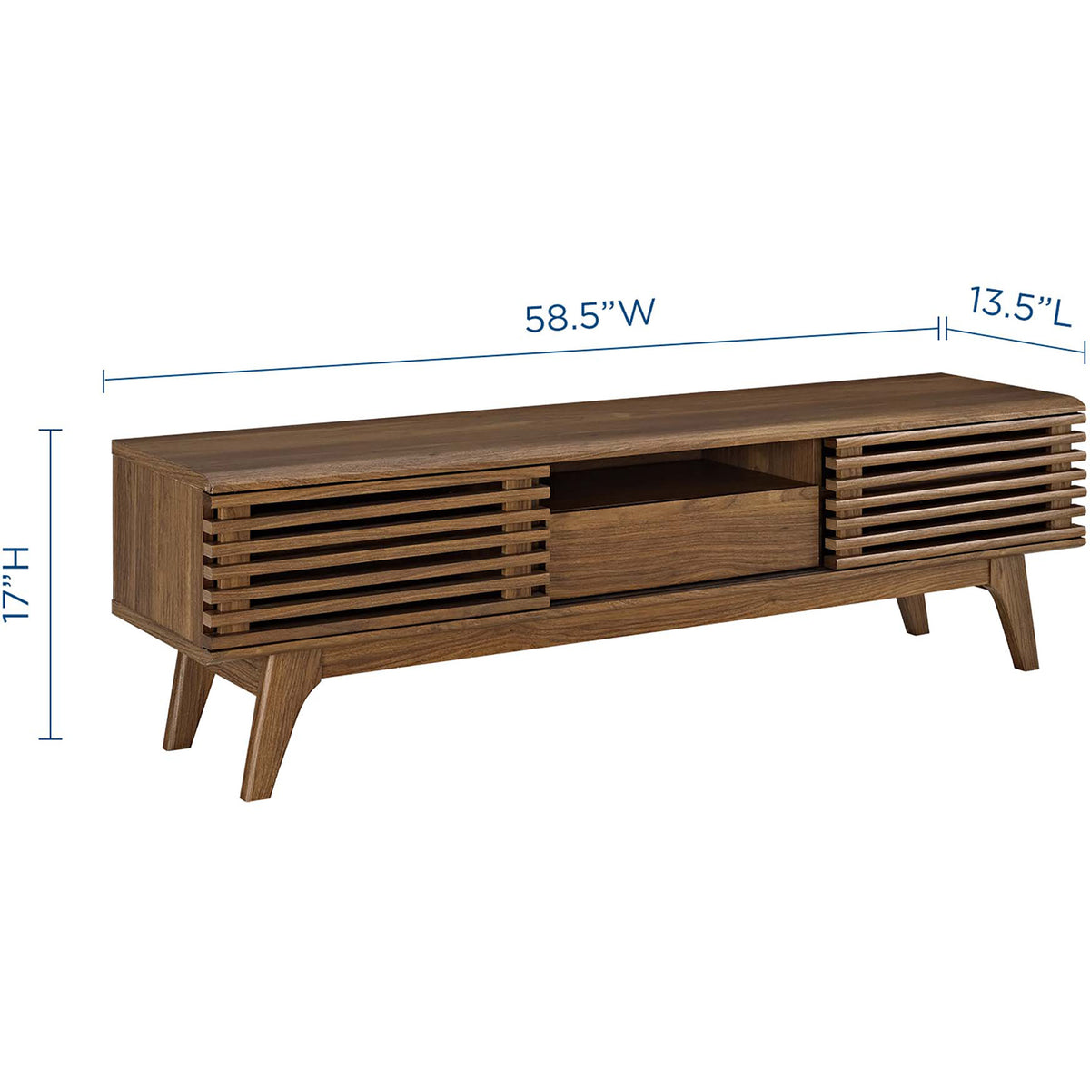 Dimension diagram of walnut 59" TV stand with width, height, and depth measurements