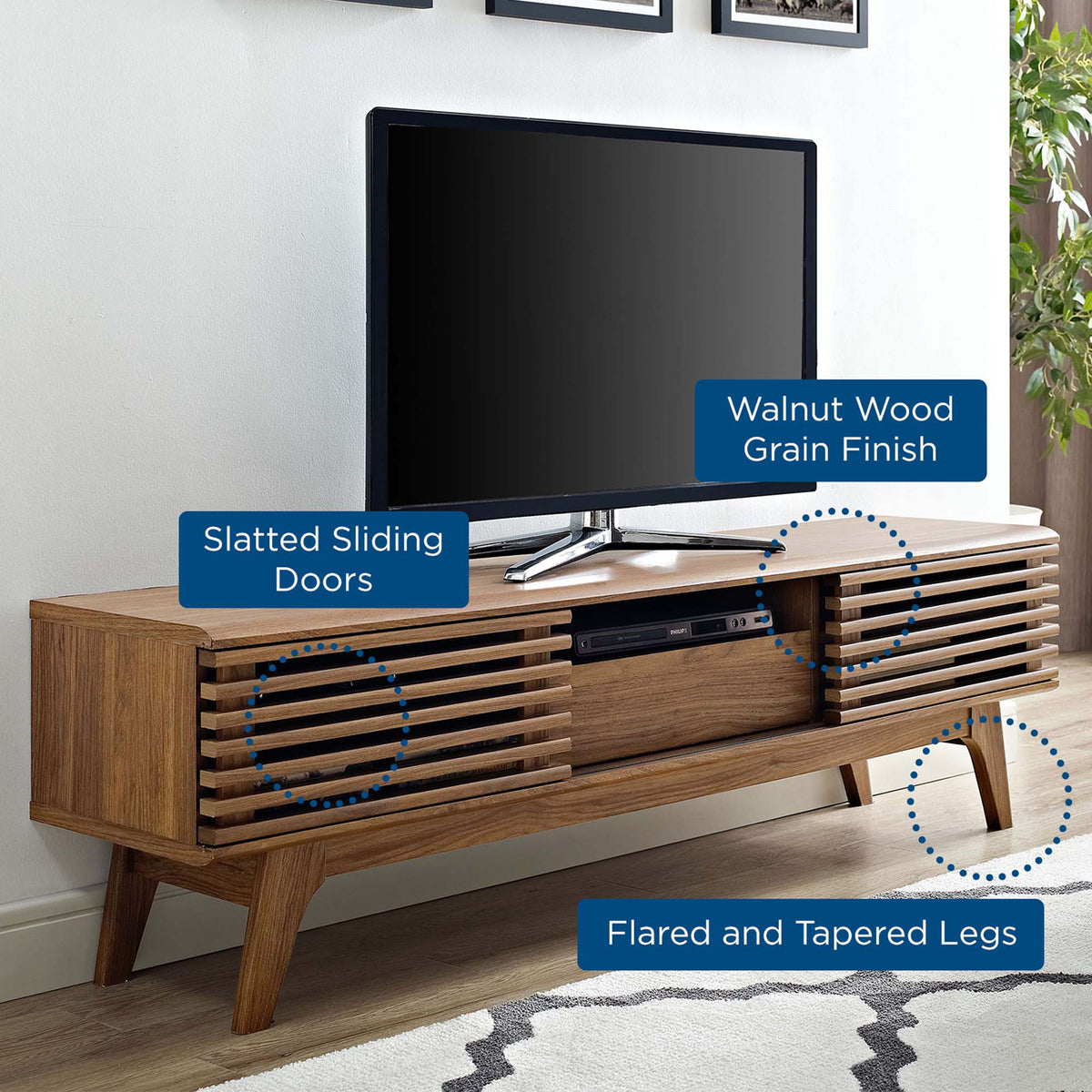 Feature callouts highlighting walnut wood grain, slatted doors, and tapered legs on TV stand