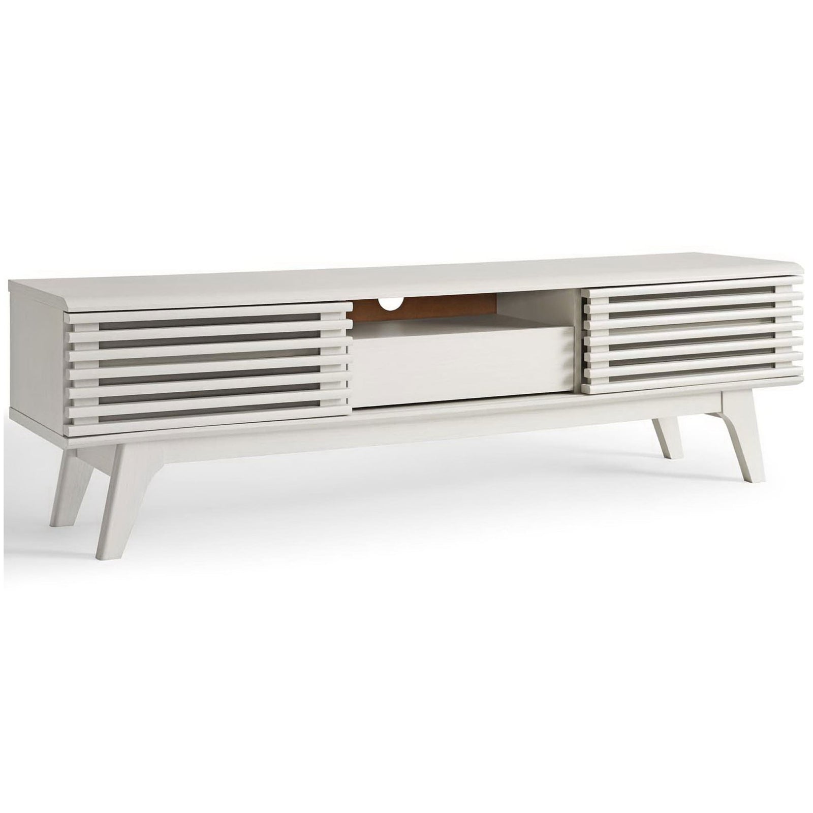 White TV stand in angled studio view showing low profile and slatted front design || EEI-2541-WHI || front_angle_studio