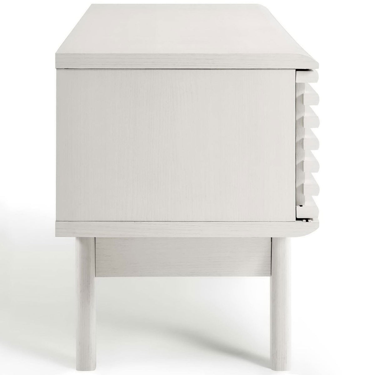 Side profile of white TV stand highlighting slim top and tapered legs || EEI-2541-WHI || side_studio