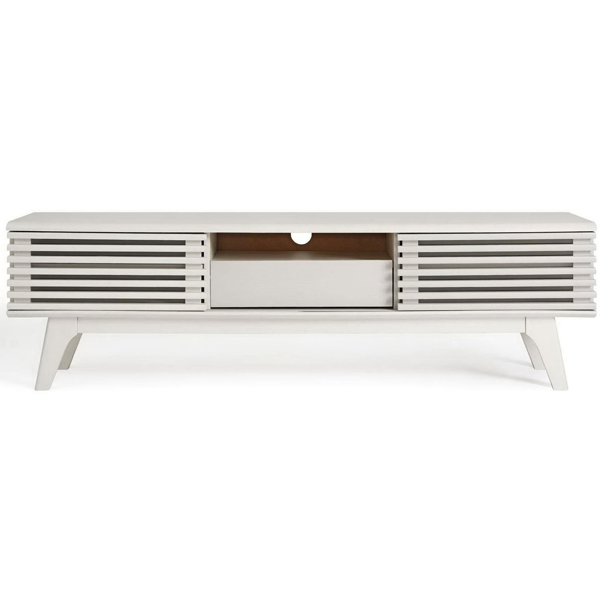 White 59" TV stand with slatted doors, center drawer, and clean mid-century silhouette || EEI-2541-WHI || front_studio