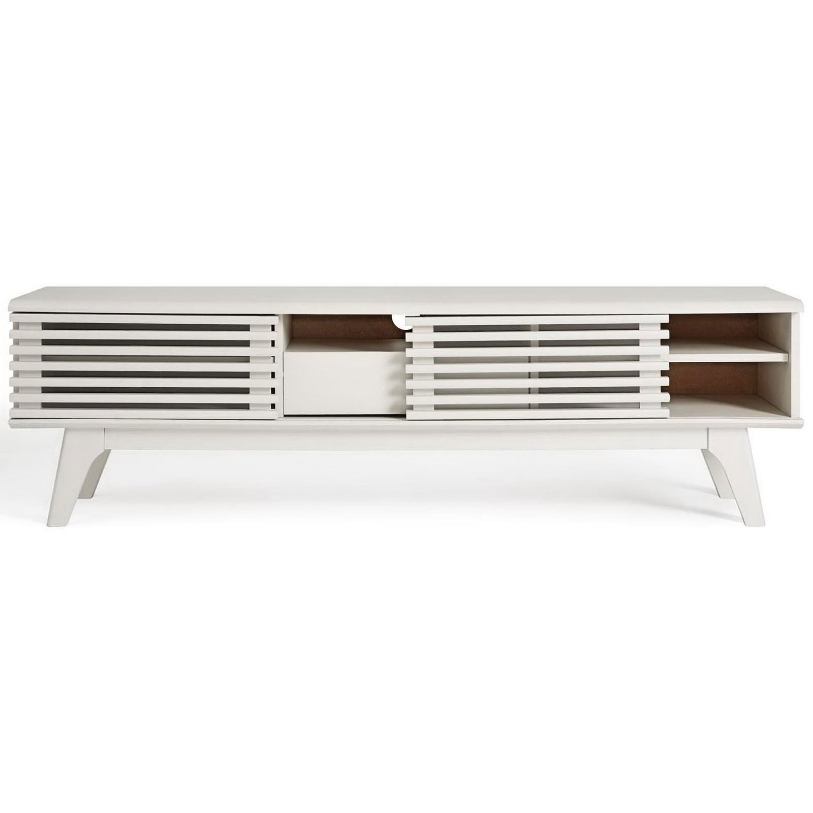 White TV stand front view with one slatted door open to reveal interior shelving || EEI-2541-WHI || front_open_studio