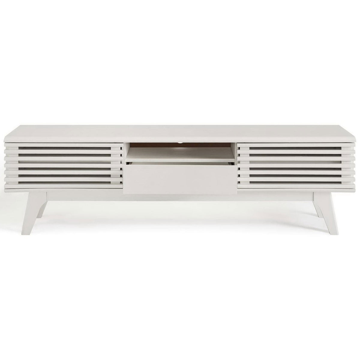White TV stand front view with center drawer open for easy-access storage || EEI-2541-WHI || front_open_studio