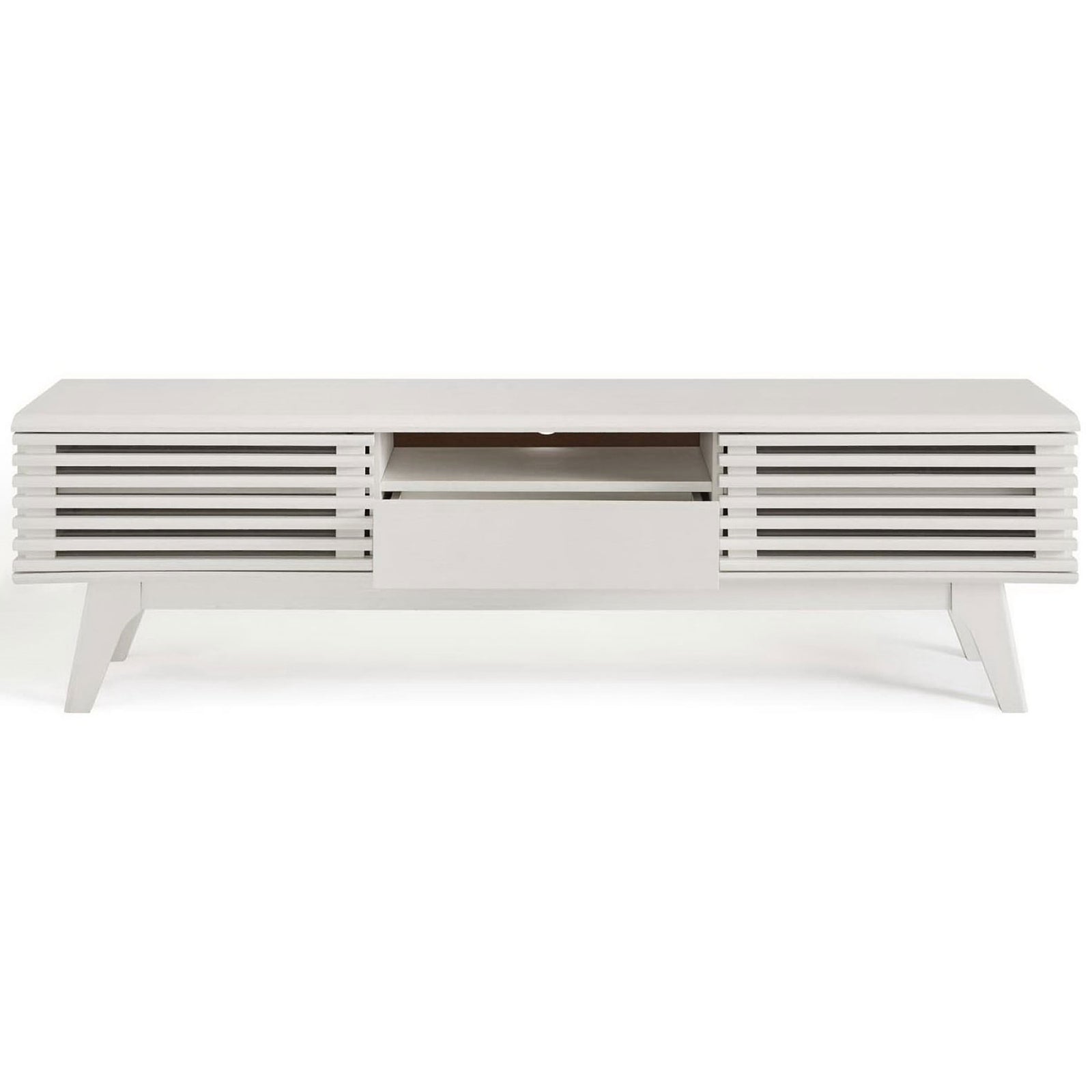 White TV stand front view with center drawer open for easy-access storage || EEI-2541-WHI || front_open_studio