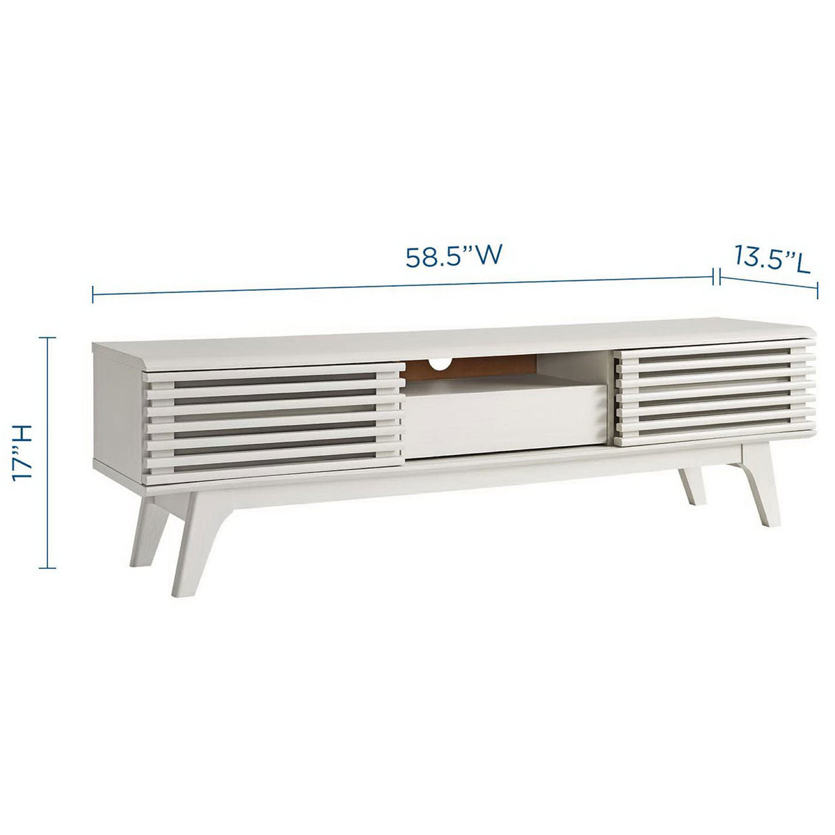 Dimension diagram of white 59" TV stand with width, height, and depth measurements || EEI-2541-WHI || dimension_studio