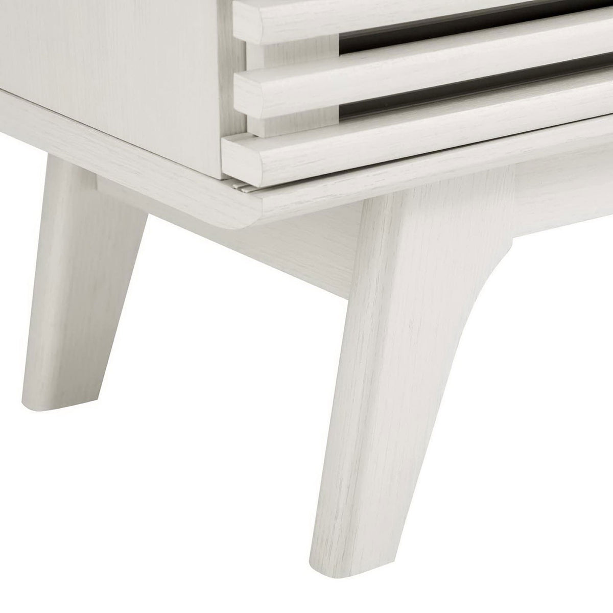 Close-up of white TV stand leg and slatted front detailing || EEI-2541-WHI || leg_studio