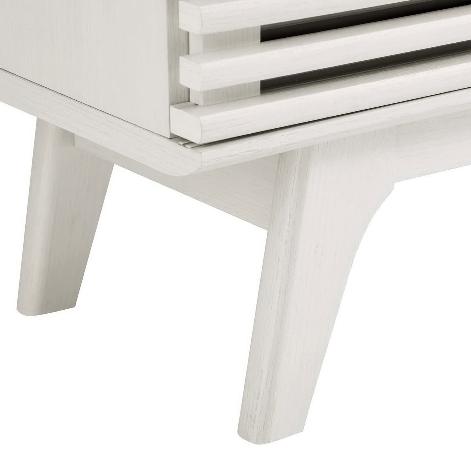 Close-up of white TV stand leg and slatted front detailing || EEI-2541-WHI || leg_studio