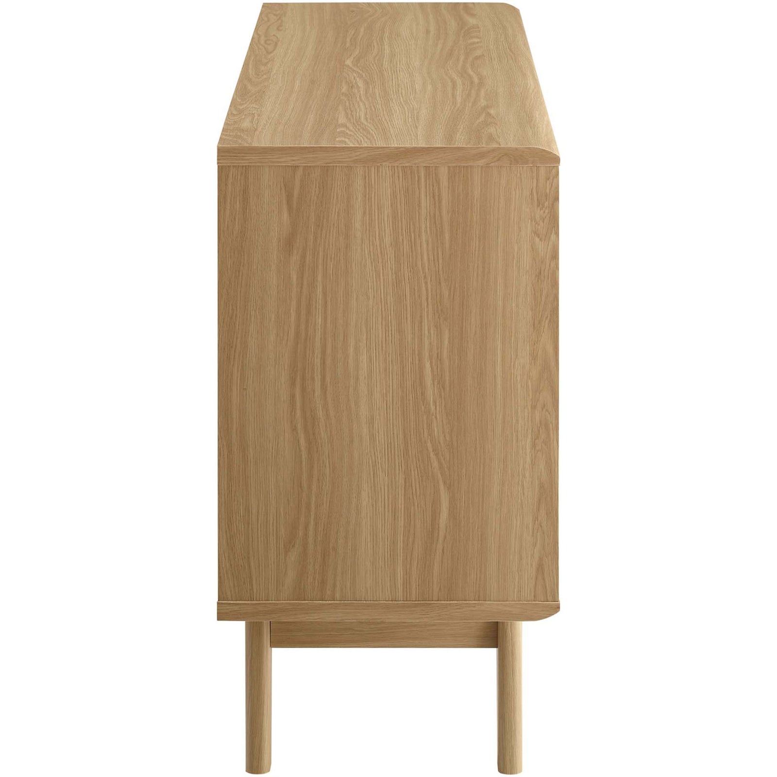 Slim oak display stand silhouette showcasing smooth wood grain sides and tapered legs || EEI-2542-OAK || side_studio