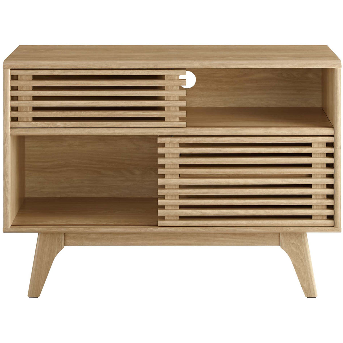 Oak display stand with slatted doors slid left to reveal open right shelving and cable cutout || EEI-2542-OAK || front_open_studio