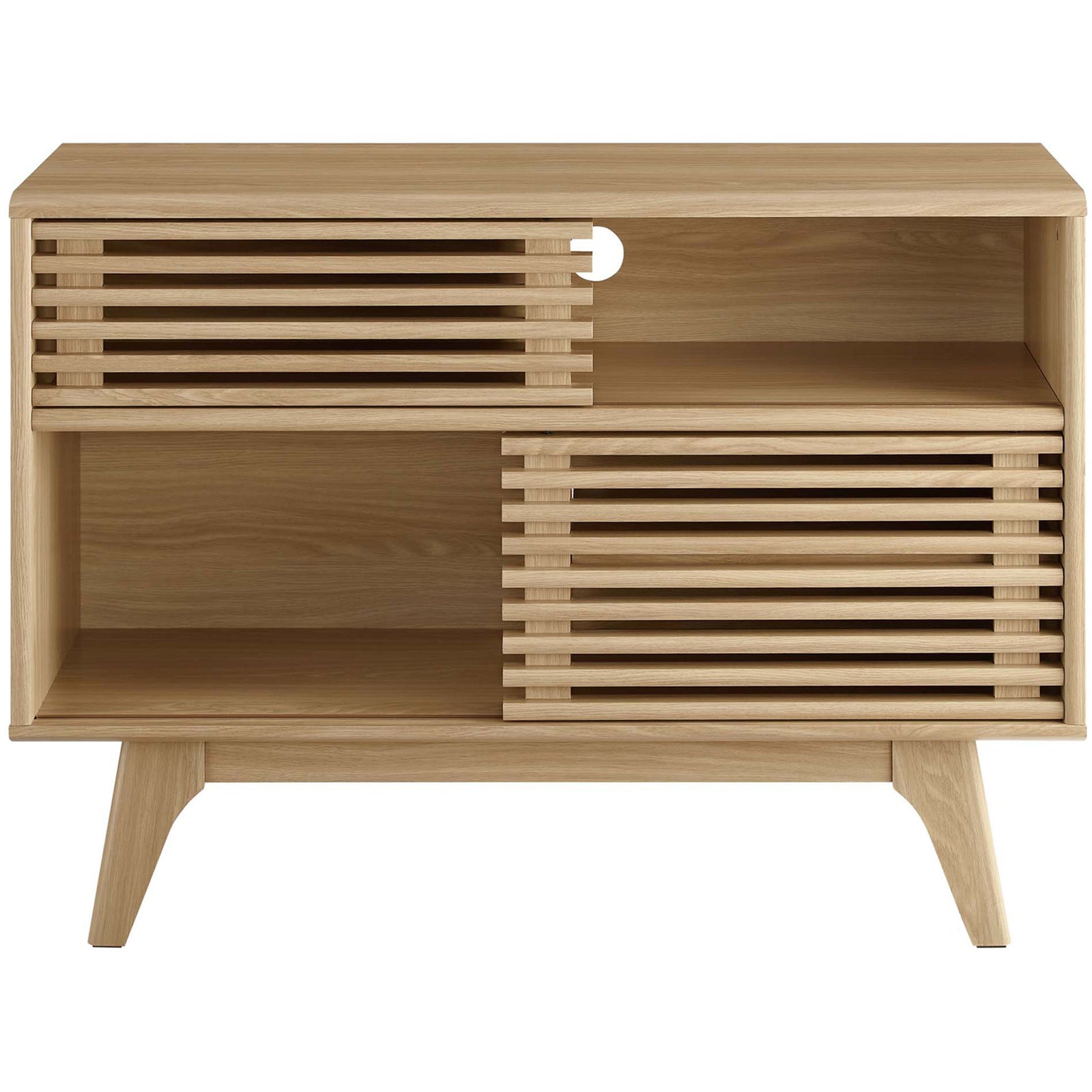Oak display stand with slatted doors slid left to reveal open right shelving and cable cutout || EEI-2542-OAK || front_open_studio