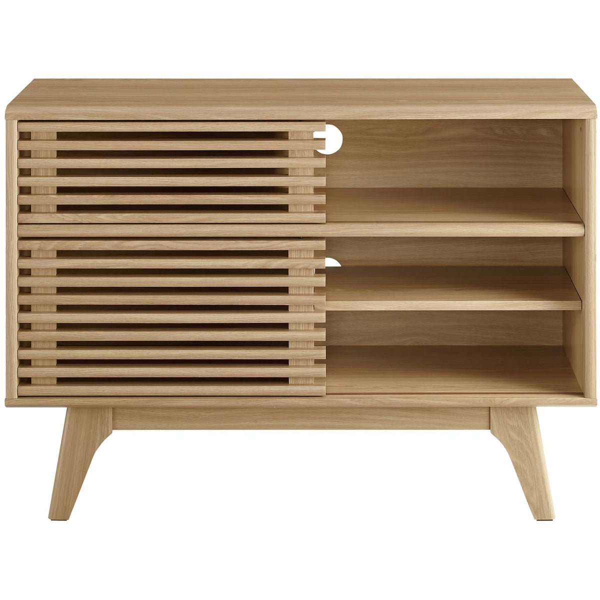 Oak display stand with slatted doors opened to show adjustable left-side shelves and storage || EEI-2542-OAK || front_open_studio