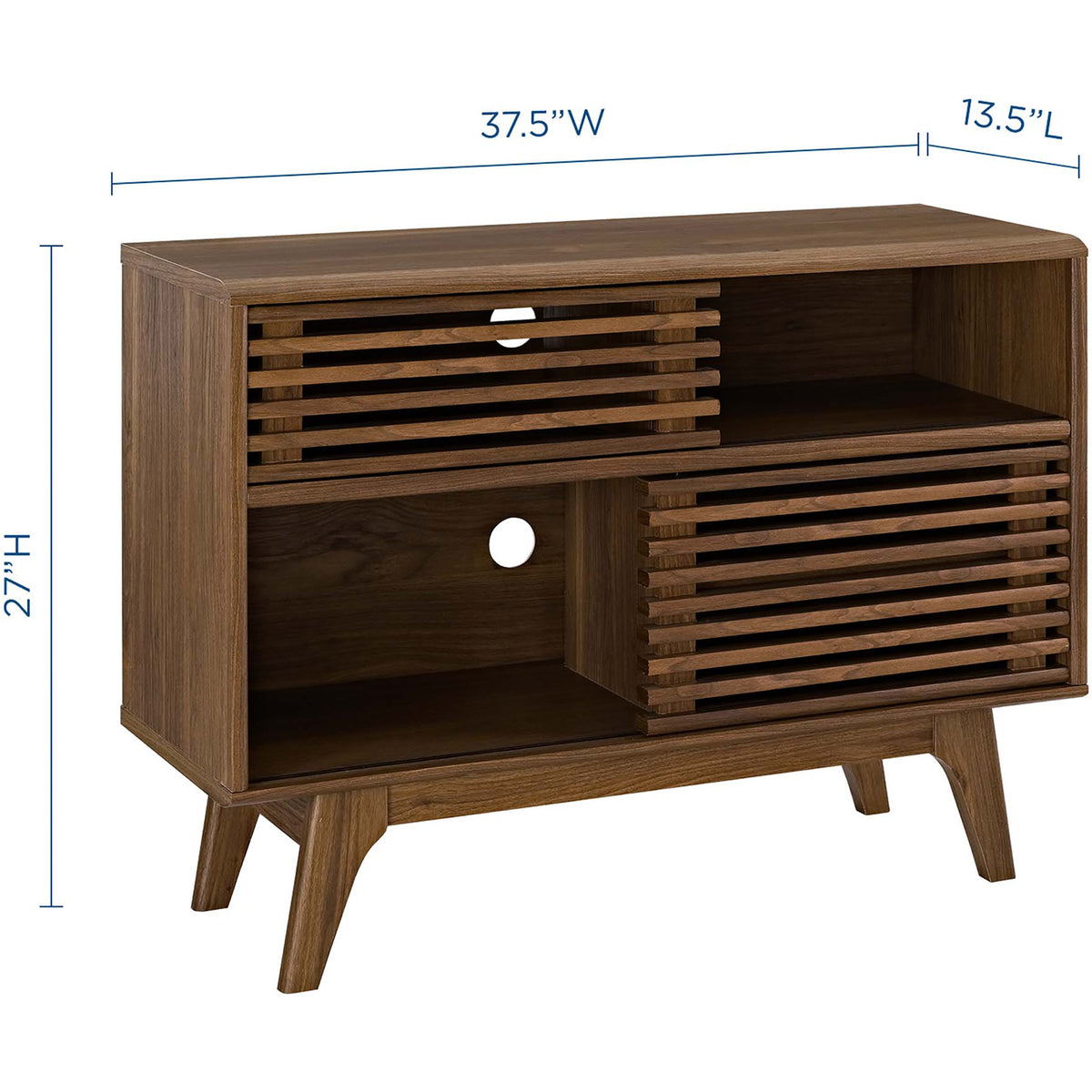 Walnut-grain stand measures 37.5 inches wide, 13.5 inches deep, and 27 inches high.