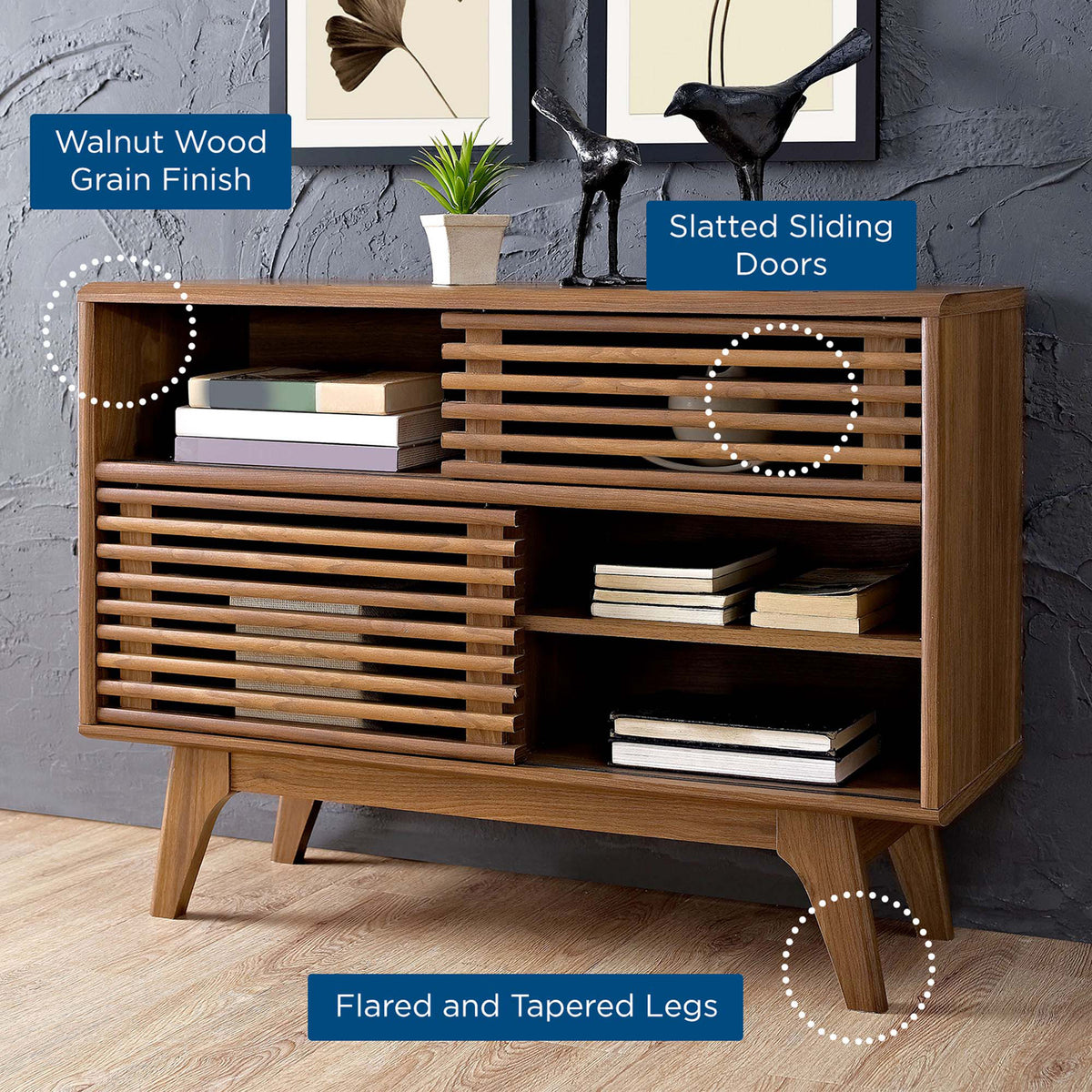 Walnut-grain finish, slatted sliding doors, and flared, tapered legs lend mid-century appeal.