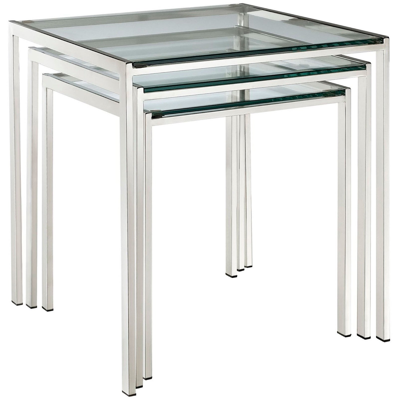 Sleek three piece silver nesting table set with clear glass tops and slim modern legs. || EEI-257 || front_angle_studio