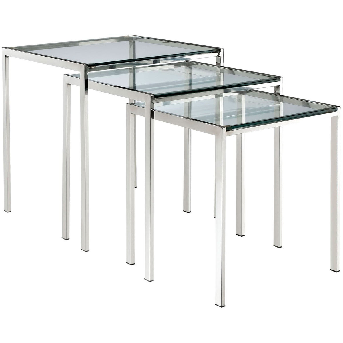 Three silver nesting tables arranged individually to highlight their staggered heights and airy glass tops. || EEI-257 || front_angle_studio