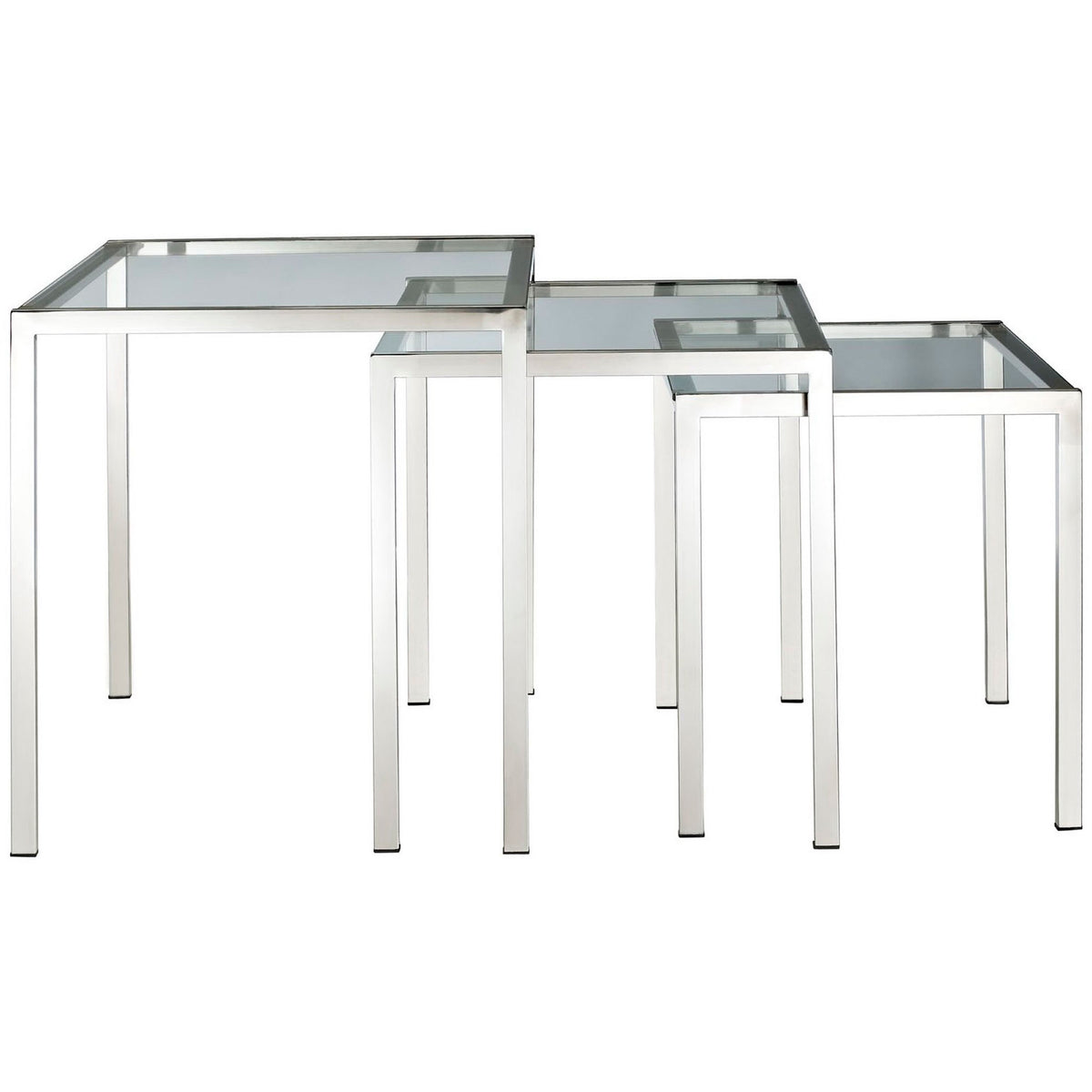 Minimalist silver nesting tables with open stainless steel frames and square tempered glass tops. || EEI-257 || front_studio