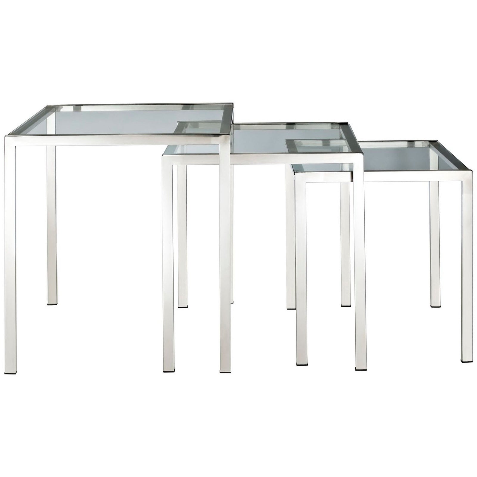 Minimalist silver nesting tables with open stainless steel frames and square tempered glass tops. || EEI-257 || front_studio