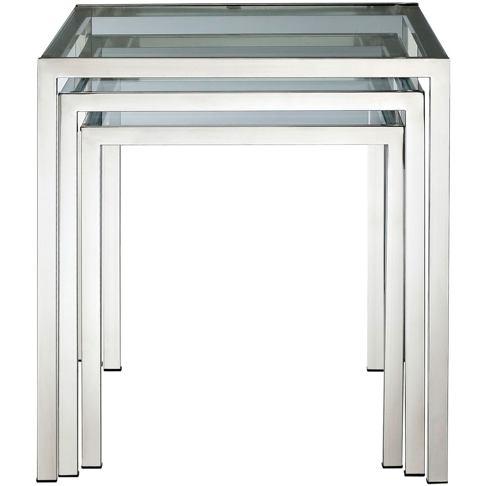 Space saving nesting side tables with polished silver frames neatly stacked to maximize floor space. || EEI-257 || front_studio