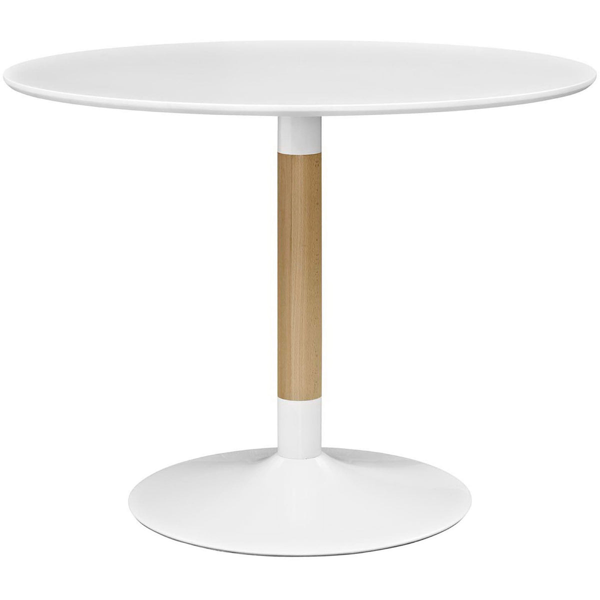 Round white dining table with matte top, birchwood center post, and sleek steel pedestal base || EEI-2666-WHI-SET || front_studio