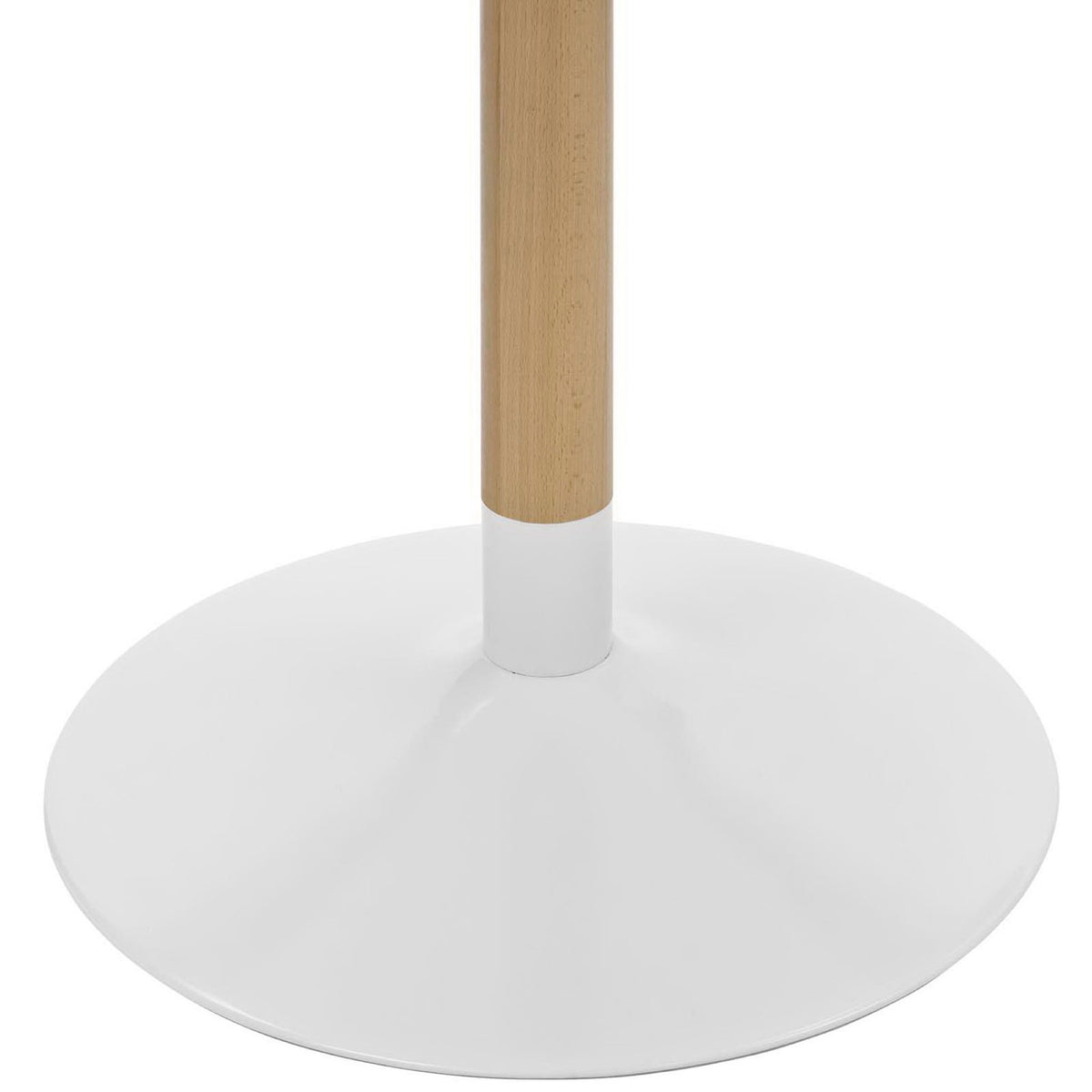 White pedestal base and natural birchwood stem detail of the round dining table || EEI-2666-WHI-SET || leg_studio