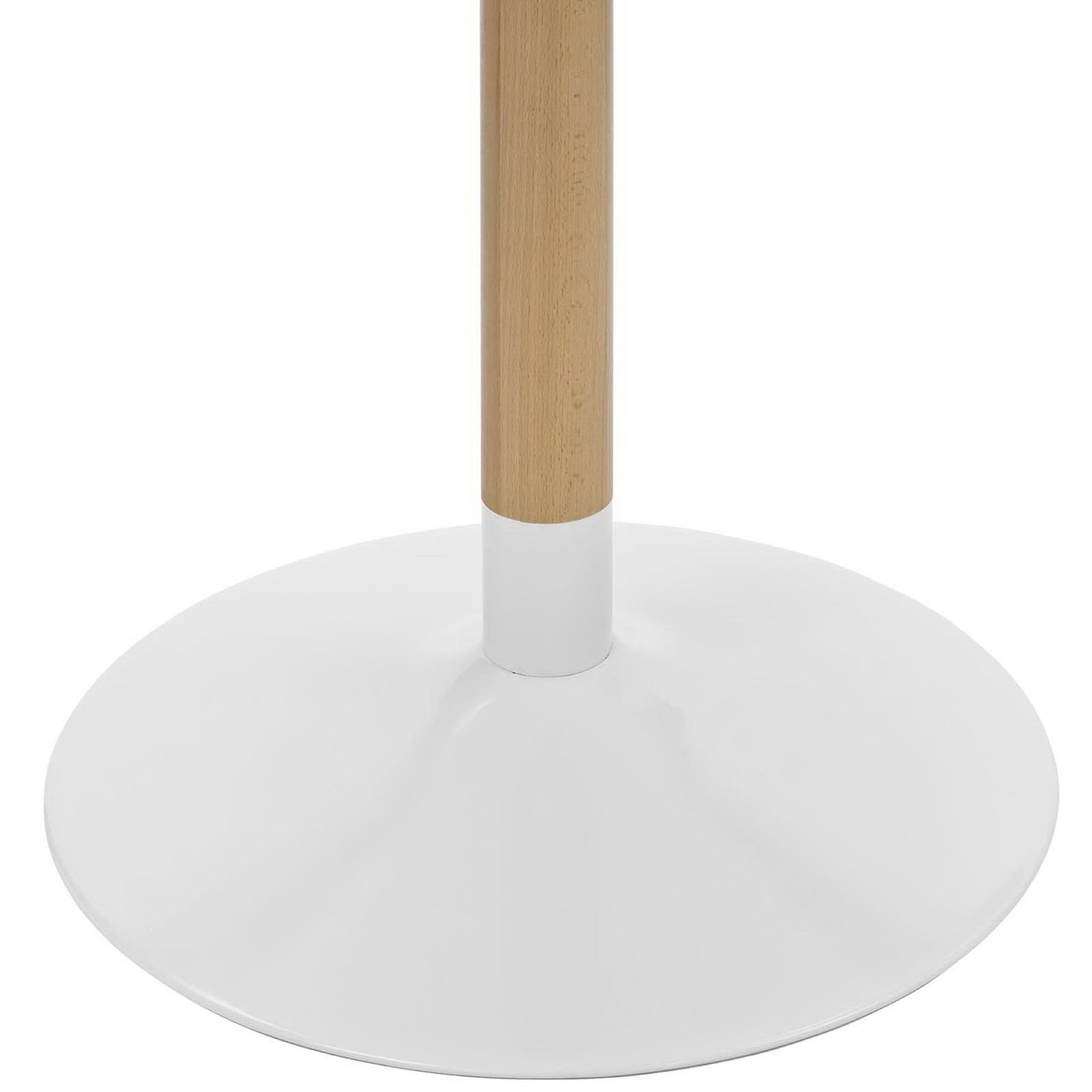 White pedestal base and natural birchwood stem detail of the round dining table || EEI-2666-WHI-SET || leg_studio