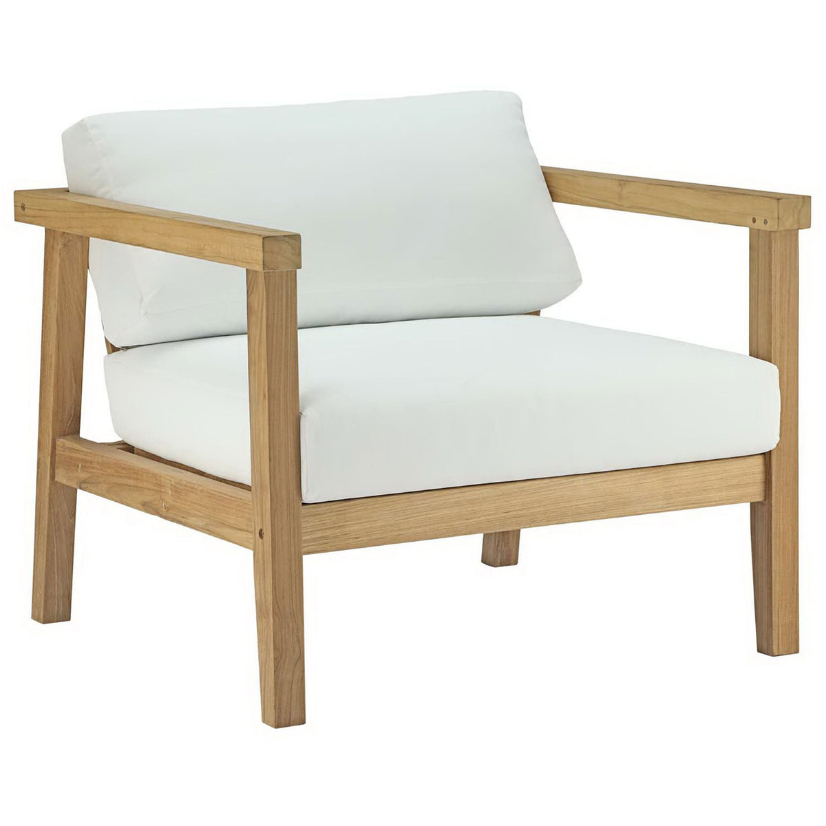 Teak outdoor armchair with wide slatted frame and plush white cushions for relaxed lounging || EEI-2695-NAT-WHI || front_angle_studio