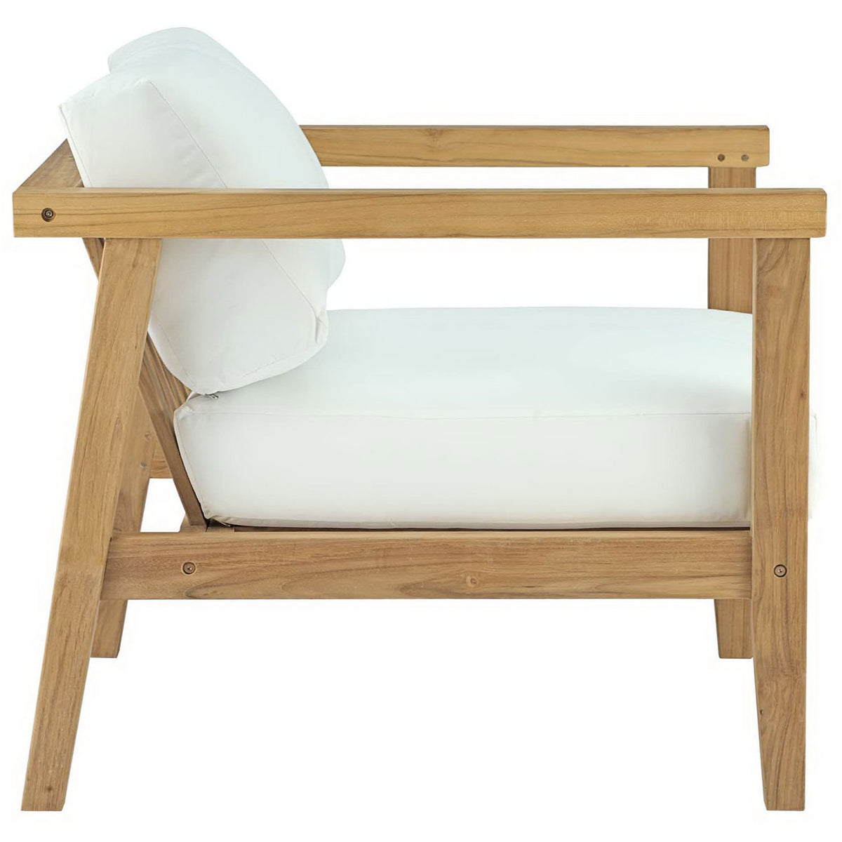 Low-profile teak armchair with gently sloped backrest and deep white cushions for laidback comfort || EEI-2695-NAT-WHI || side_studio