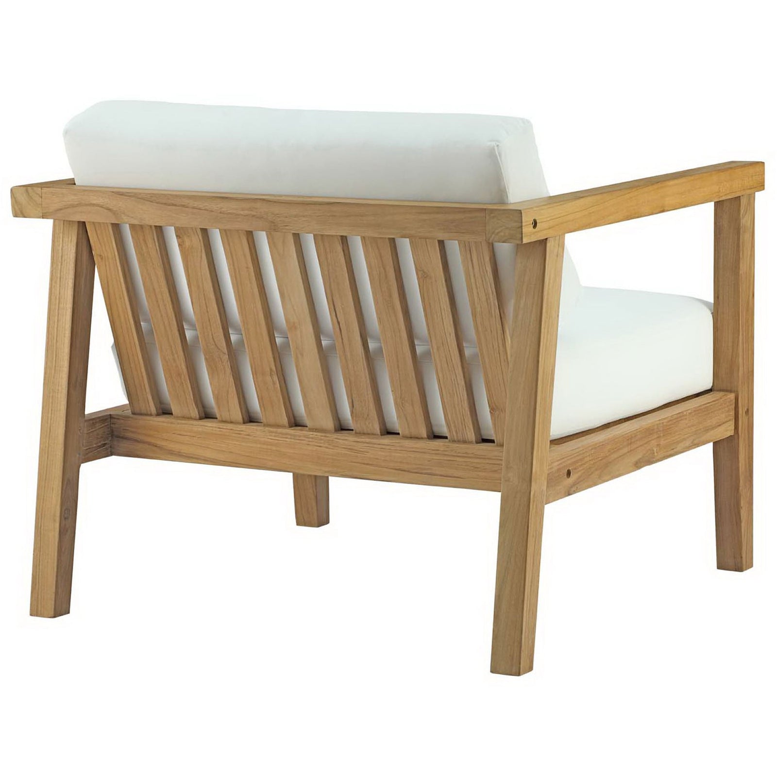 Teak outdoor armchair featuring vertical slatted backrest and thick white cushions for breezy support || EEI-2695-NAT-WHI || back_angle_studio