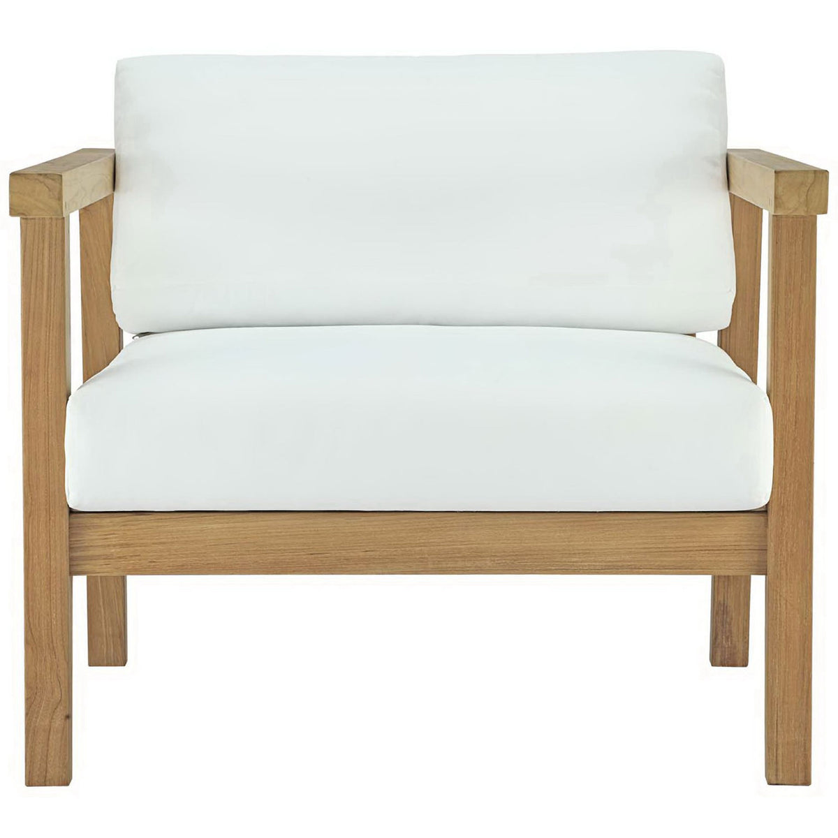 Boxy teak patio armchair with crisp white seat and back cushions for modern outdoor seating || EEI-2695-NAT-WHI || front_studio